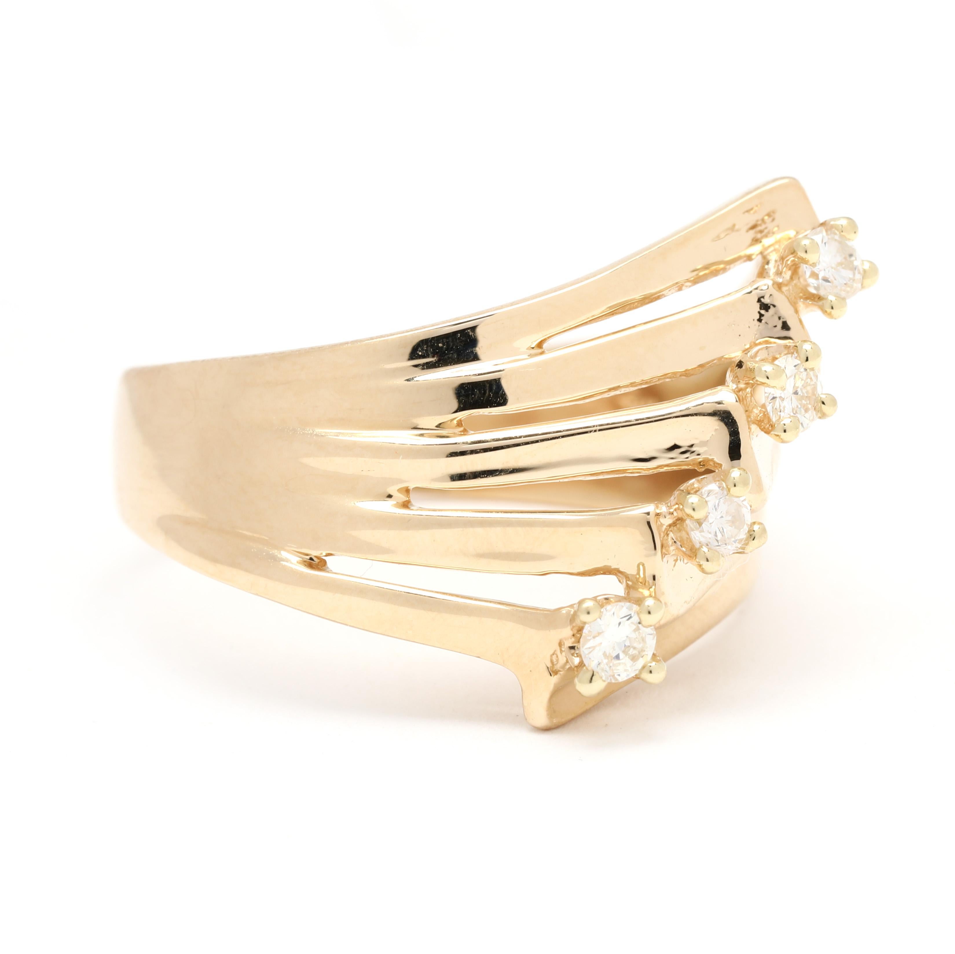 Taille ronde Bague à anneau diagonale avec diamant 0,16 carat, or jaune 14 carats, taille de bague 8,75 en vente