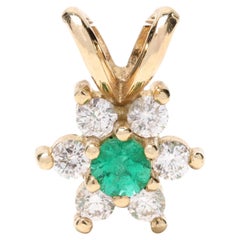 0.16ctw Emerald and Diamond Flower Charm, 14k Yellow Gold, Dainty Pendant Charm