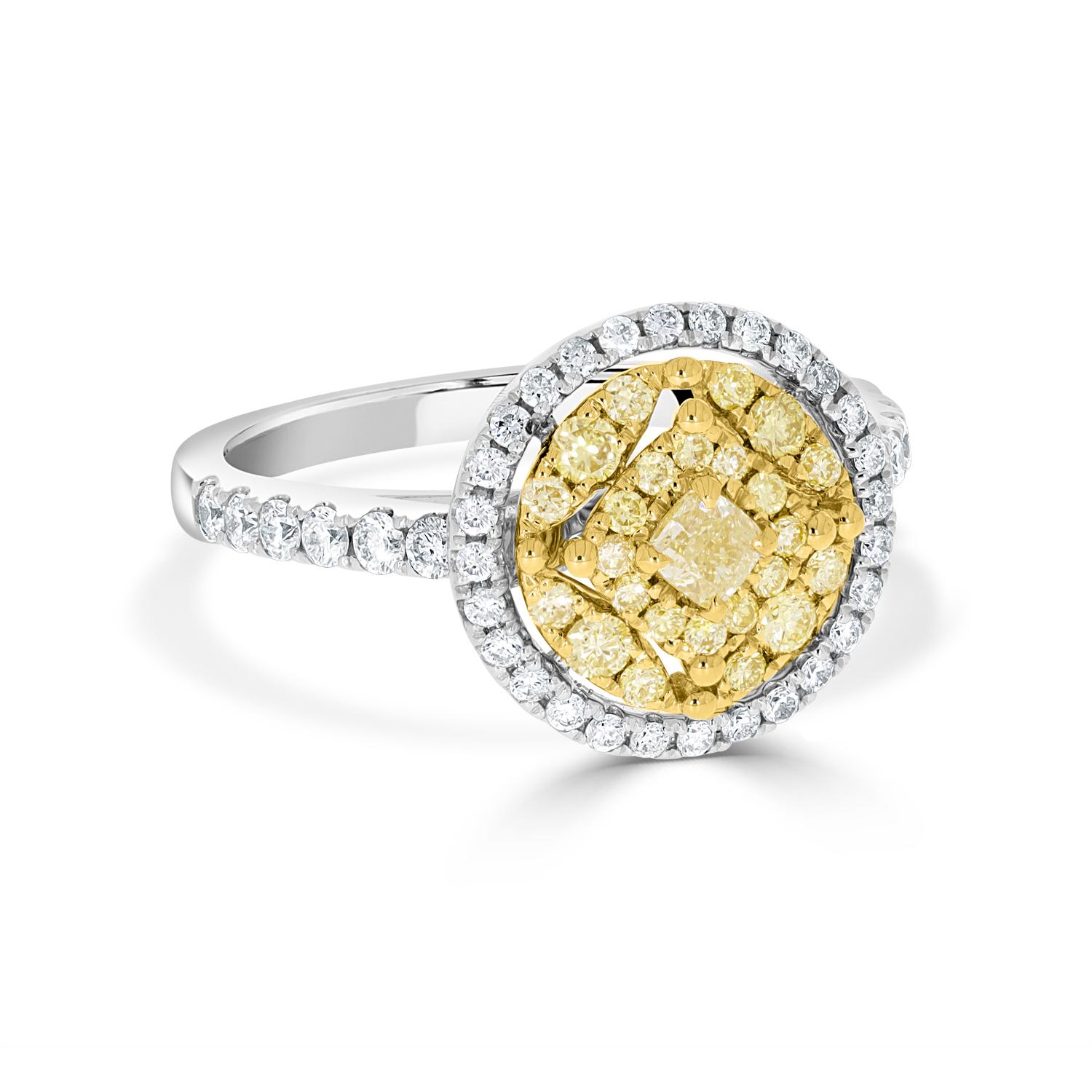 Cushion Cut 0.16tct Yellow Diamond Ring with 0.73ct Diamonds Set in 14K Two Tone Gold