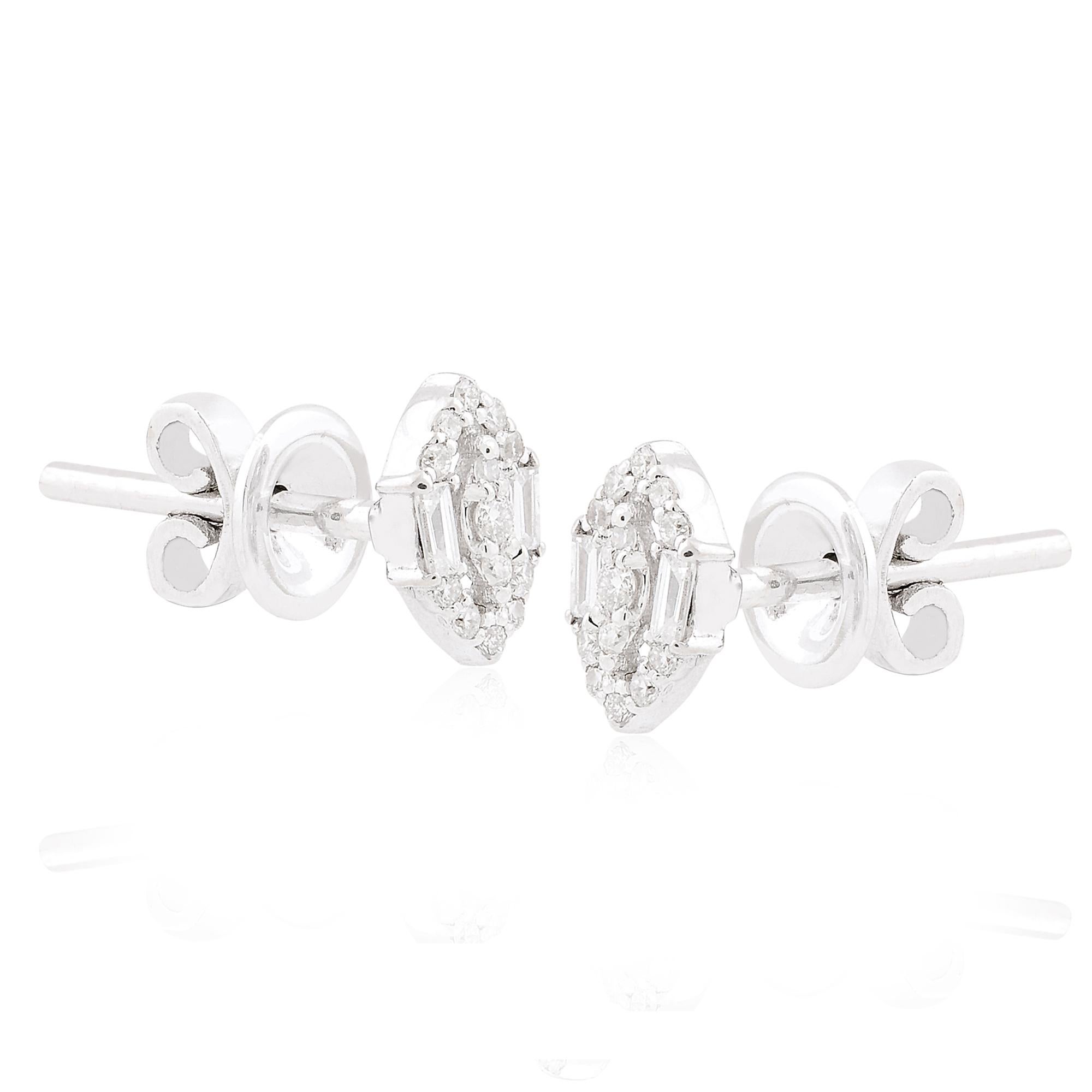Women's 0.17 Carat Baguette & Round Diamond Stud Earrings 18 Karat White Gold Jewelry For Sale