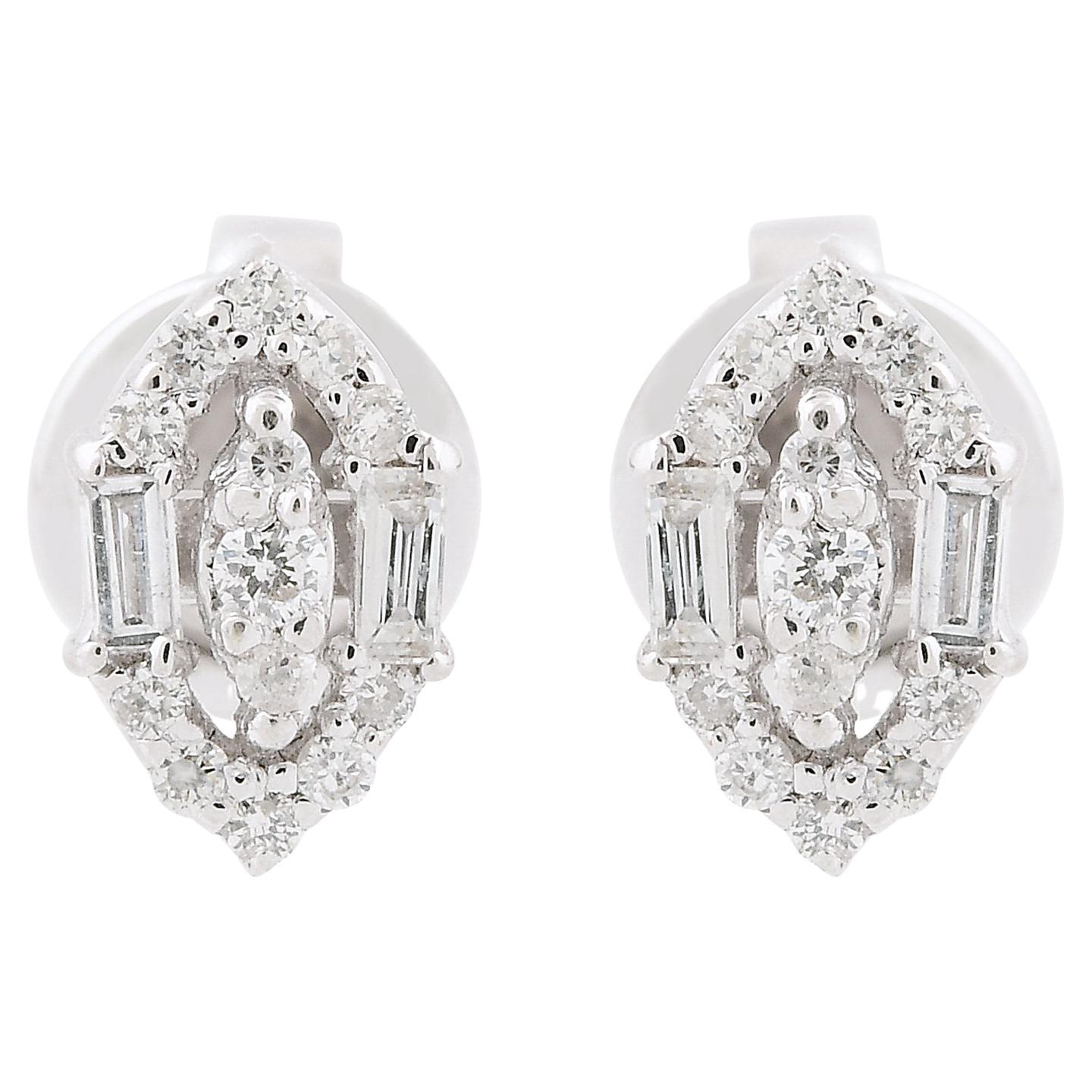 0.17 Carat Baguette & Round Diamond Stud Earrings 18 Karat White Gold Jewelry