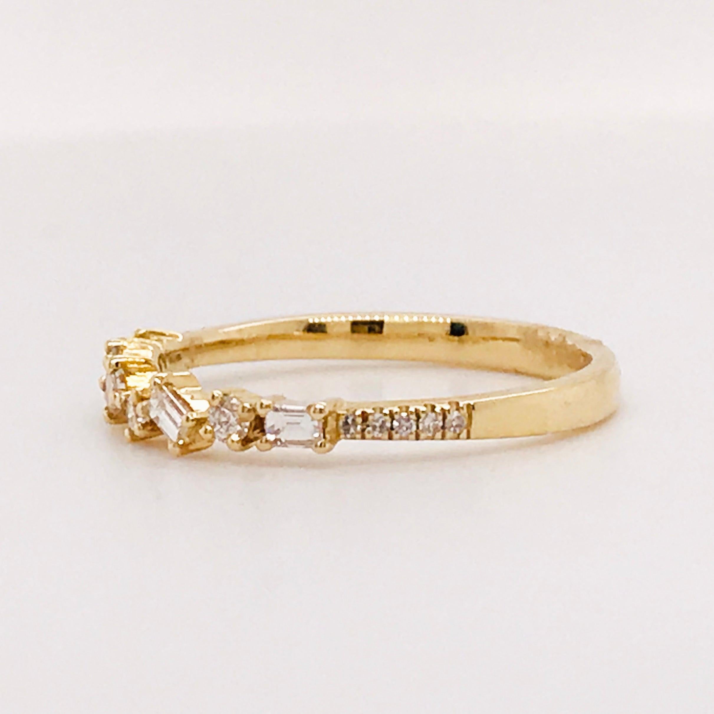 For Sale:  0.17 Carat Diamond Baguette and Round Ring, Stackable Diamond Band in 14k Gold 7