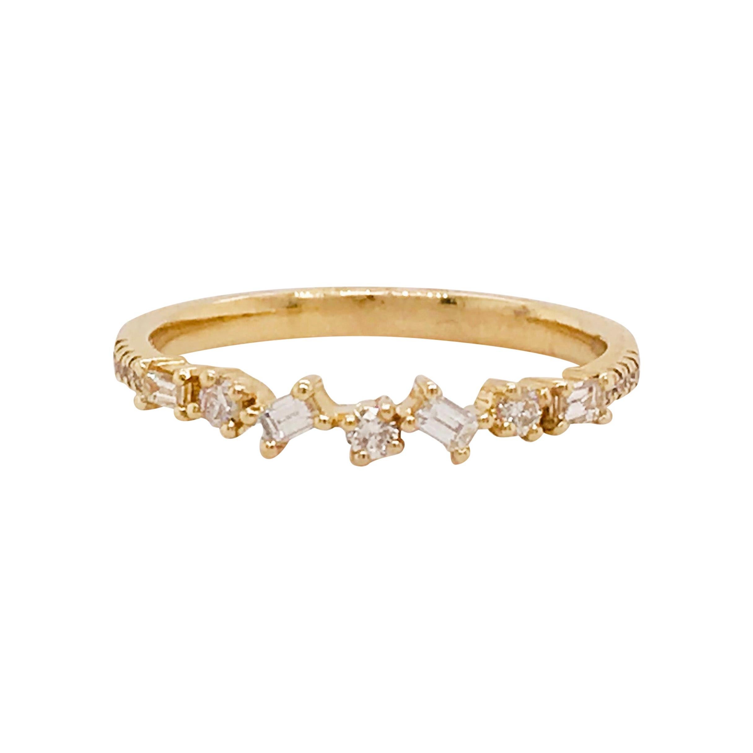 For Sale:  0.17 Carat Diamond Baguette and Round Ring, Stackable Diamond Band in 14k Gold