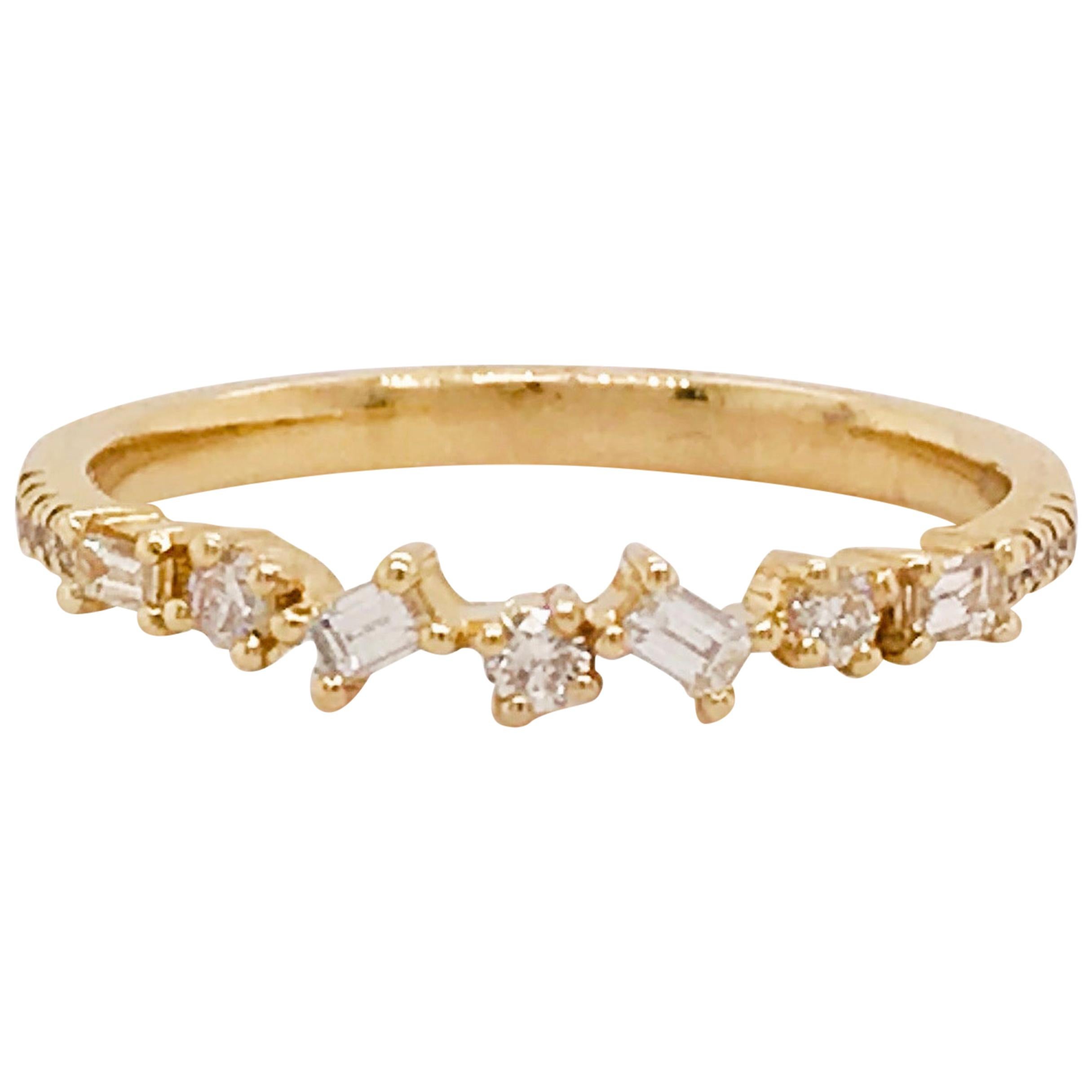 Anello con diamante baguette e rotondo da 0,17 carati, fascia di diamanti impilabile in oro 14k
