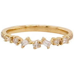 0.17 Carat Diamond Baguette and Round Ring, Stackable Diamond Band in 14k Gold