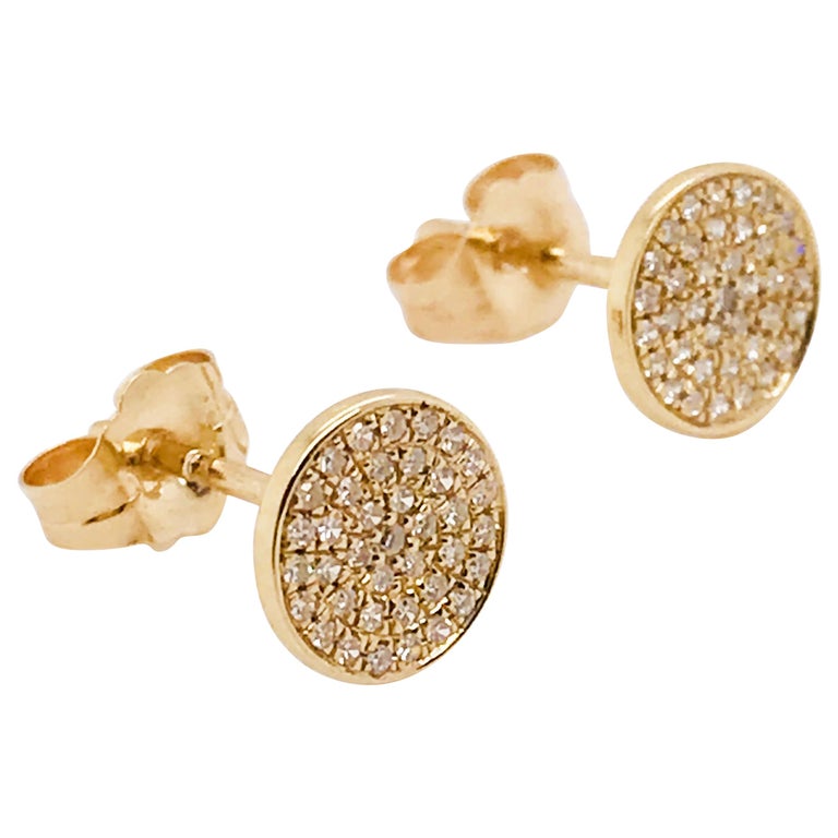 0.17 Carat Diamond Pave Disk Earring Studs in 14 Karat Yellow Gold For Sale