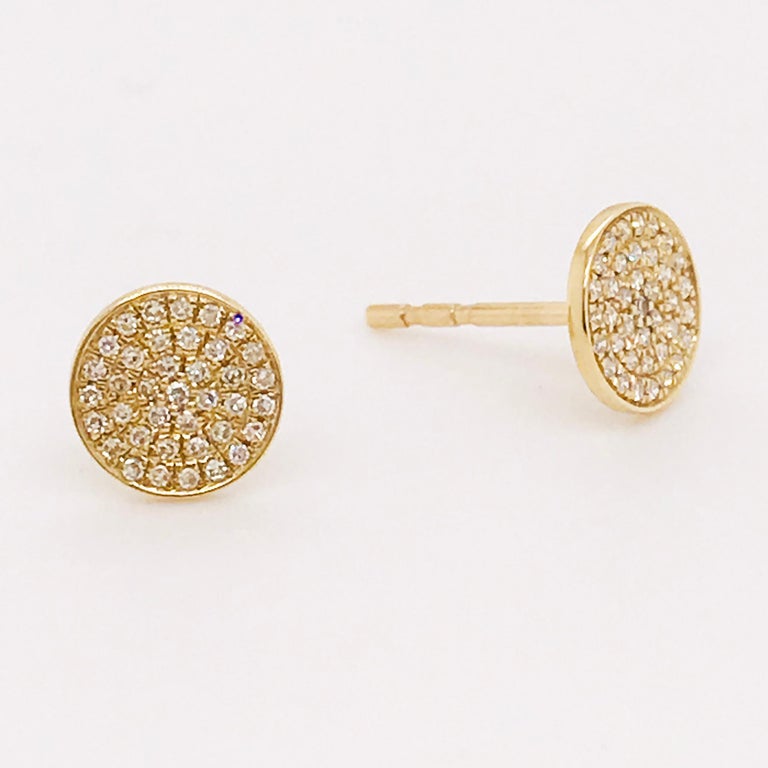 Round Cut 0.17 Carat Diamond Pave Disk Earring Studs in 14 Karat Yellow Gold For Sale