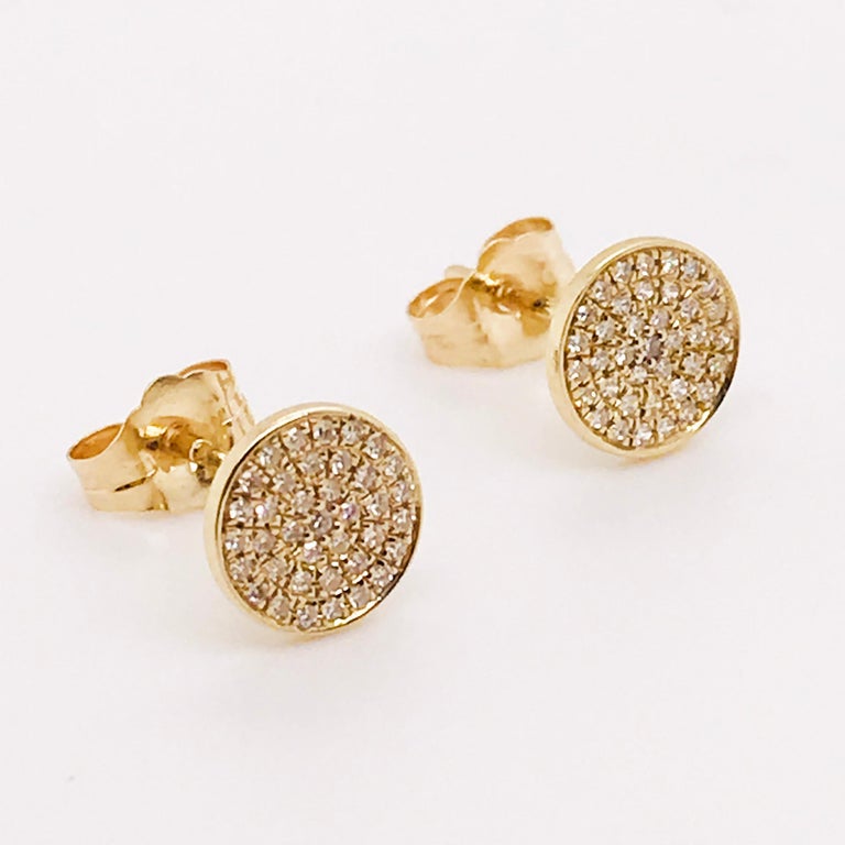 Women's 0.17 Carat Diamond Pave Disk Earring Studs in 14 Karat Yellow Gold For Sale