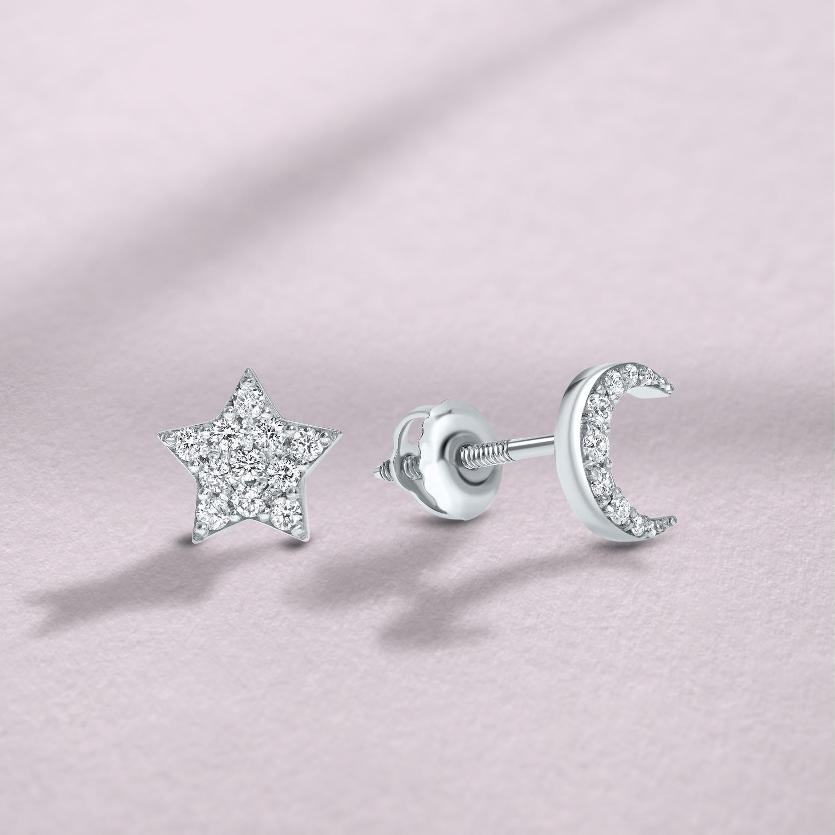 0.17 Carat Diamond Star & Moon Mismatched Stud Earrings 14K Gold - Shlomit Rogel en vente 12