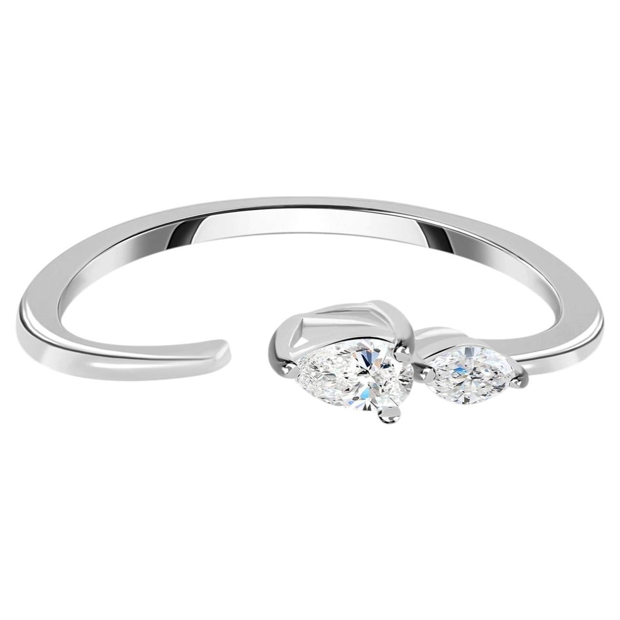 0.17 Carat Natural Pear Diamond Toi et Moi Open Ring 18K White Gold