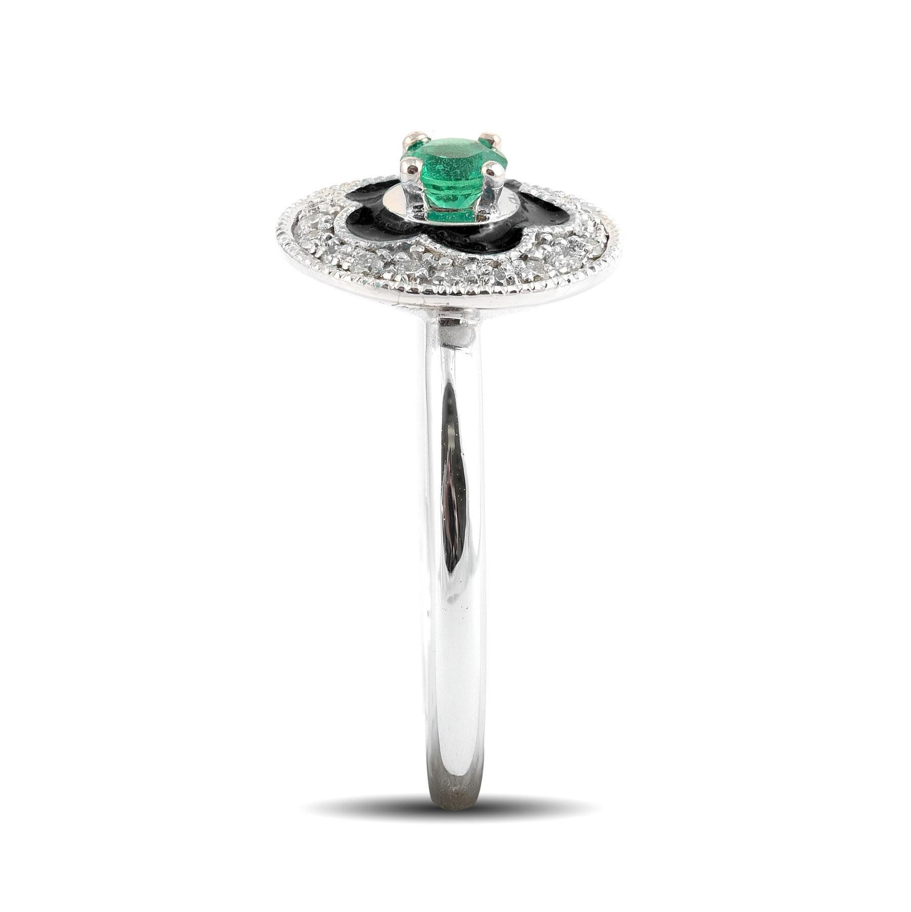 Emerald Cut 0.17 Carats Emerald Diamonds set with black enamel in 14K White Gold Ring For Sale