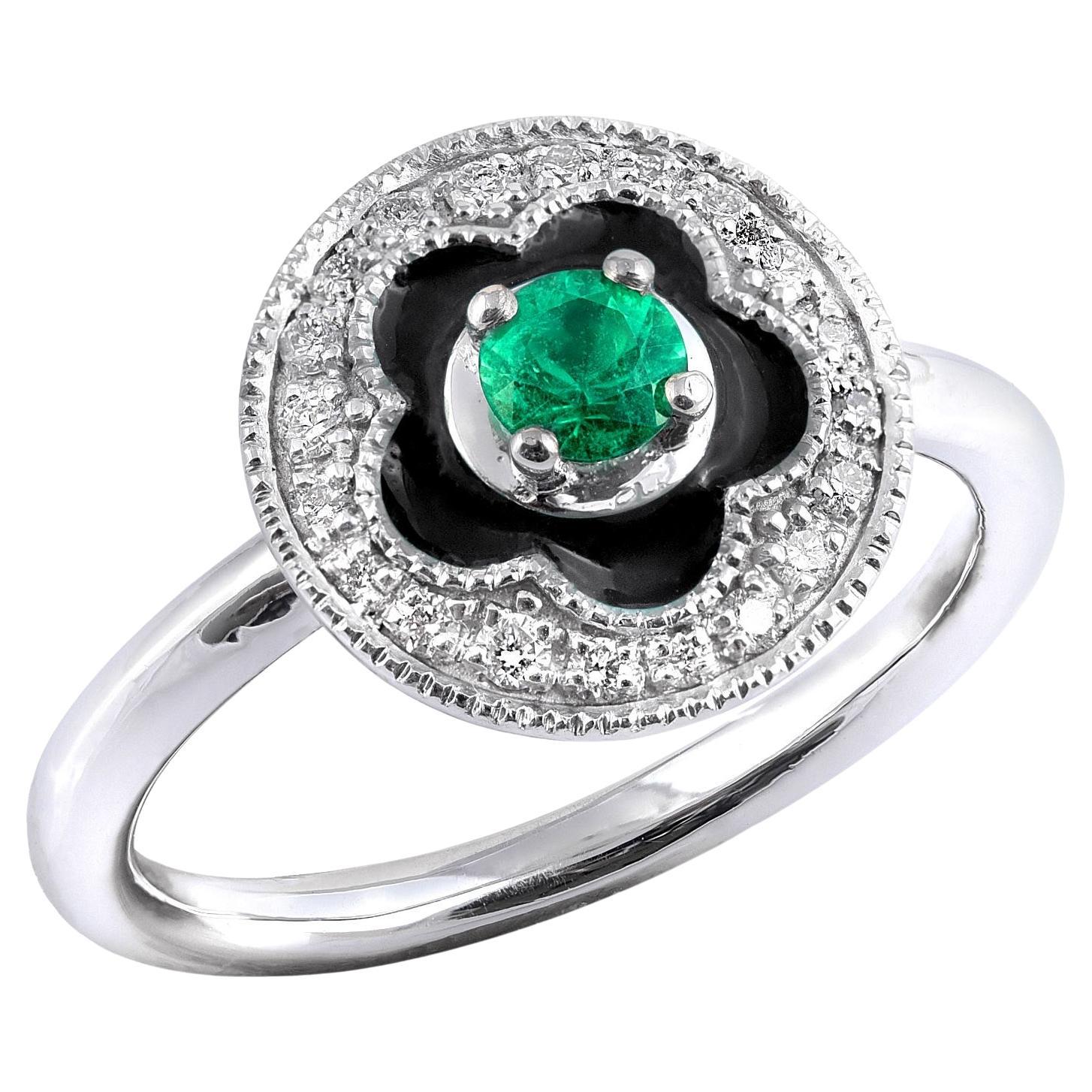 0.17 Carats Emerald Diamonds set with black enamel in 14K White Gold Ring For Sale