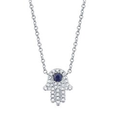 Collana Hamsa con diamanti rotondi taglio Brilliante e zaffiri blu da 0,17 ct.