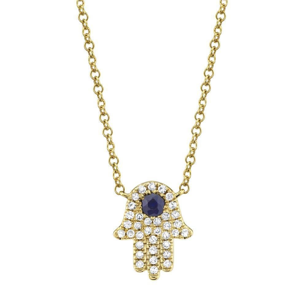 0.17ct Round Brilliant Cut Diamond and Blue Sapphire Hamsa Necklace For Sale