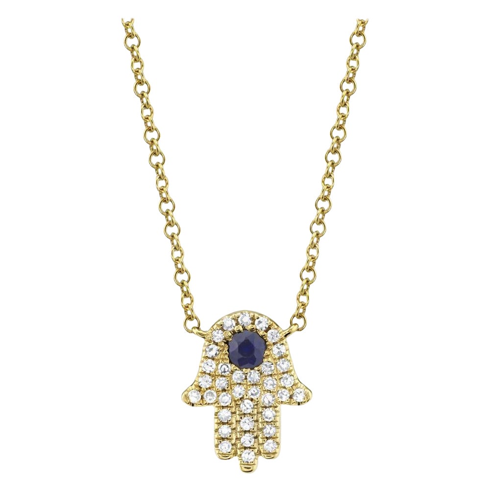0.17ct Round Brilliant Cut Diamond and Blue Sapphire Hamsa Necklace