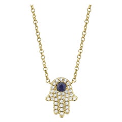 0.17ct Round Brilliant Cut Diamond and Blue Sapphire Hamsa Necklace