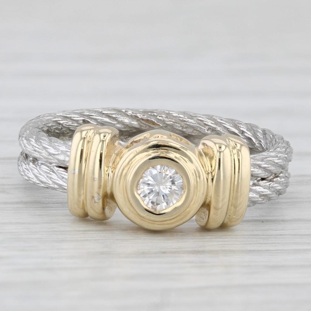 0.17ct Round Diamond Solitaire Cable Ring 14k Yellow White Gold Sz 6 Engagement In Good Condition In McLeansville, NC