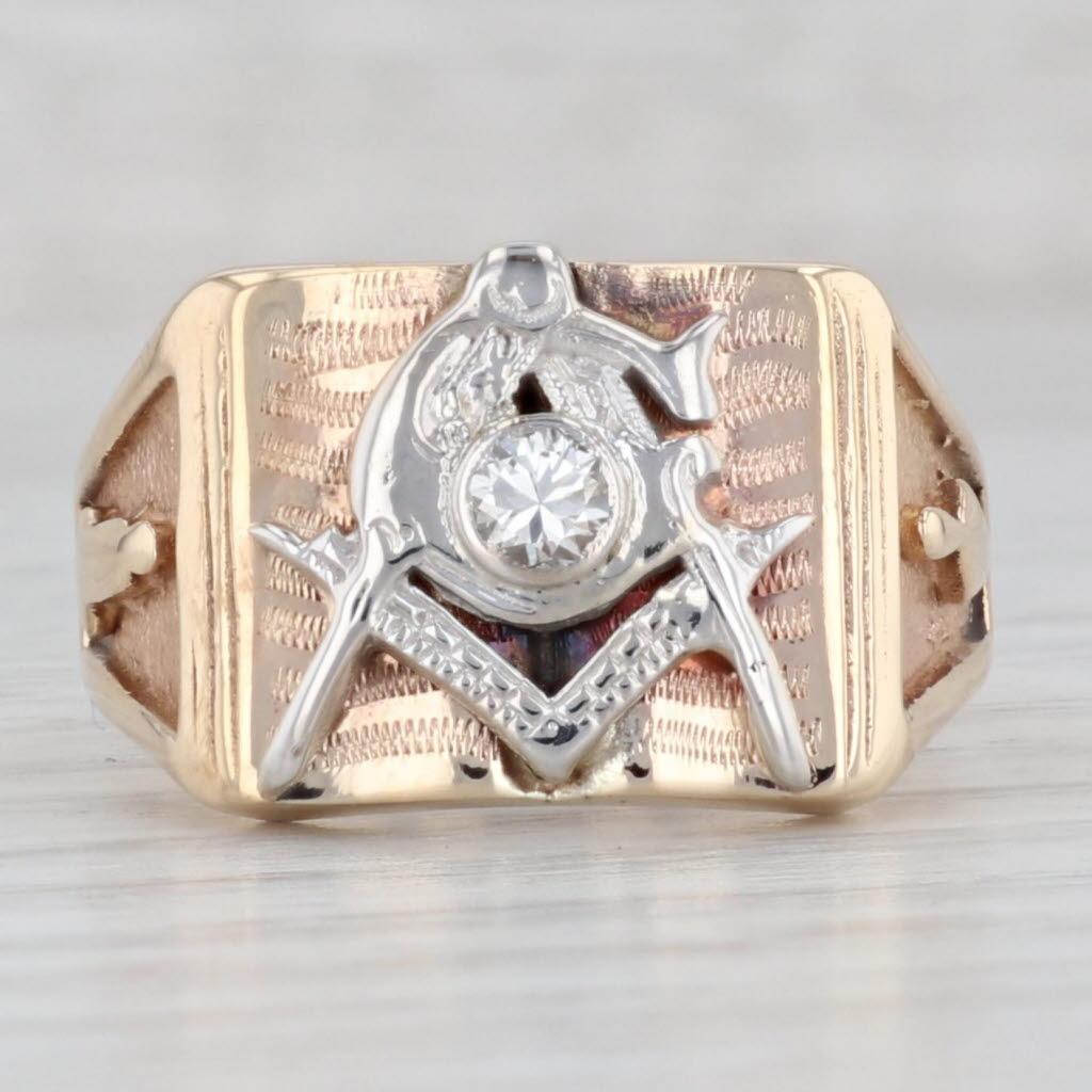 Round Cut 0.17ctw Diamond Masonic Ring 10k-14k Gold Blue Lodge Square Compass Signet