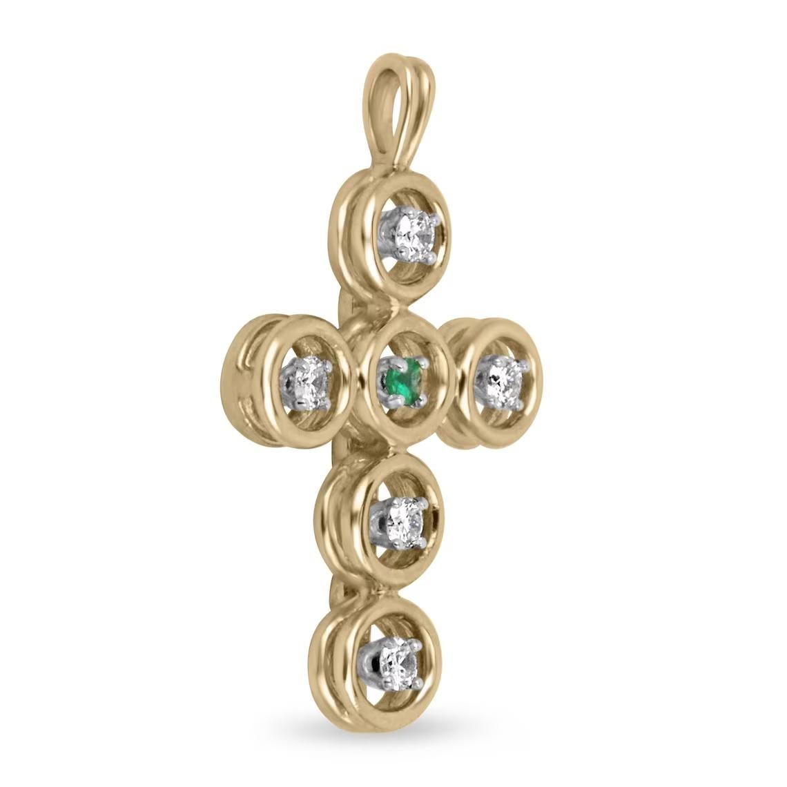 A unique and bubbly emerald and diamond cross in 14K gold. A fine-quality Colombian emerald sits in the center of the cross and is surrounded by brilliant round diamonds. A small chain slides through the bale.

*Chain sold separately.

Setting