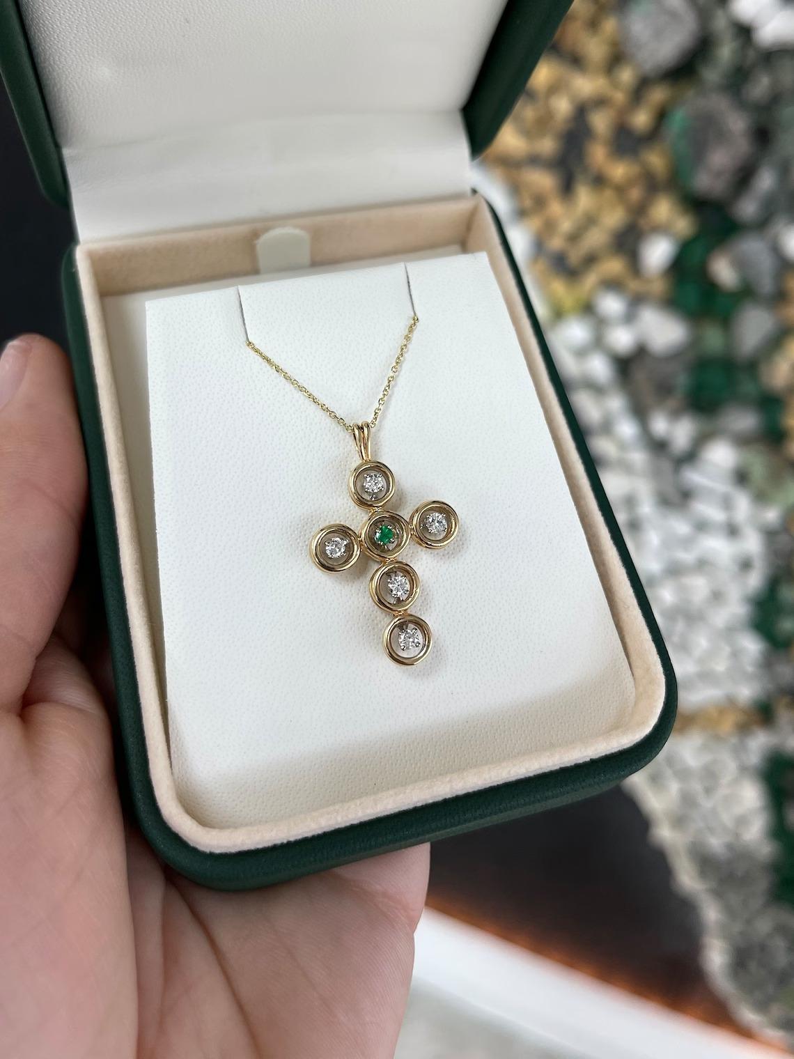 Women's or Men's 0.17tcw 14K Petite Round Cut Emerald & Brilliant Round Diamond Accent Cross For Sale