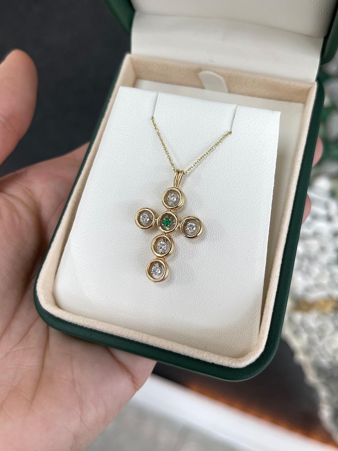 0.17tcw 14K Petite Round Cut Emerald & Brilliant Round Diamond Accent Cross For Sale 1
