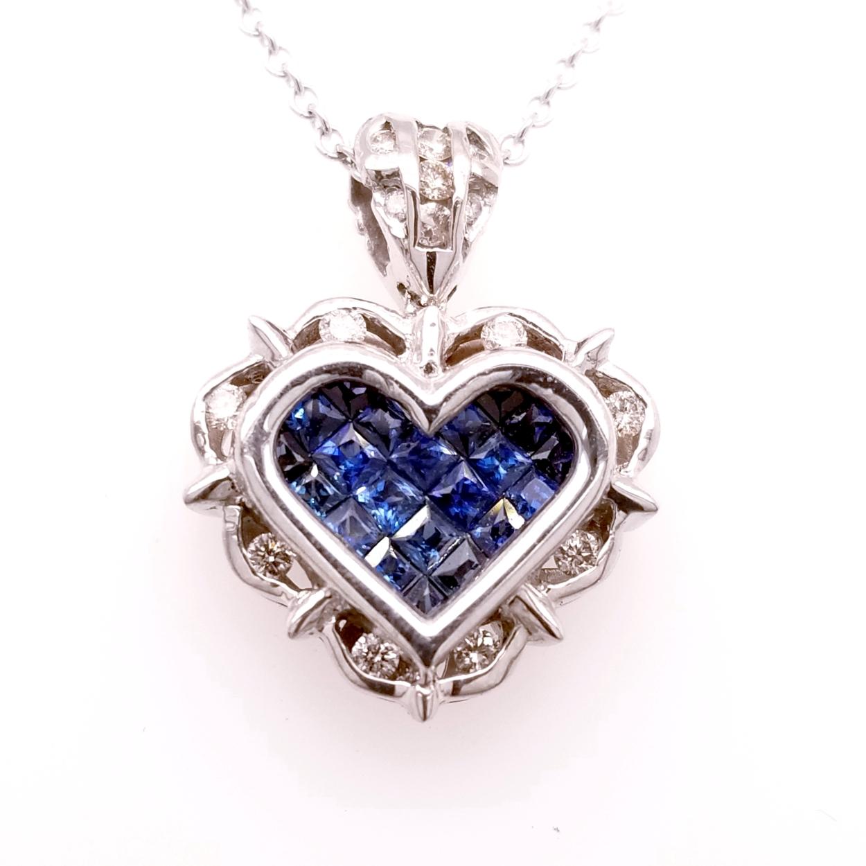 18K Gold Heart shaped Pendant with 21 Invisible Set Princess Cut Blue Sapphires (Total Gem Weight 0.80 Ct) surrounded by a Channel set Halo of diamonds and diamond set Bale with total weight of 0.18 Ct. 
Total Diamond Weight: 0.18 Ct
Total Gem