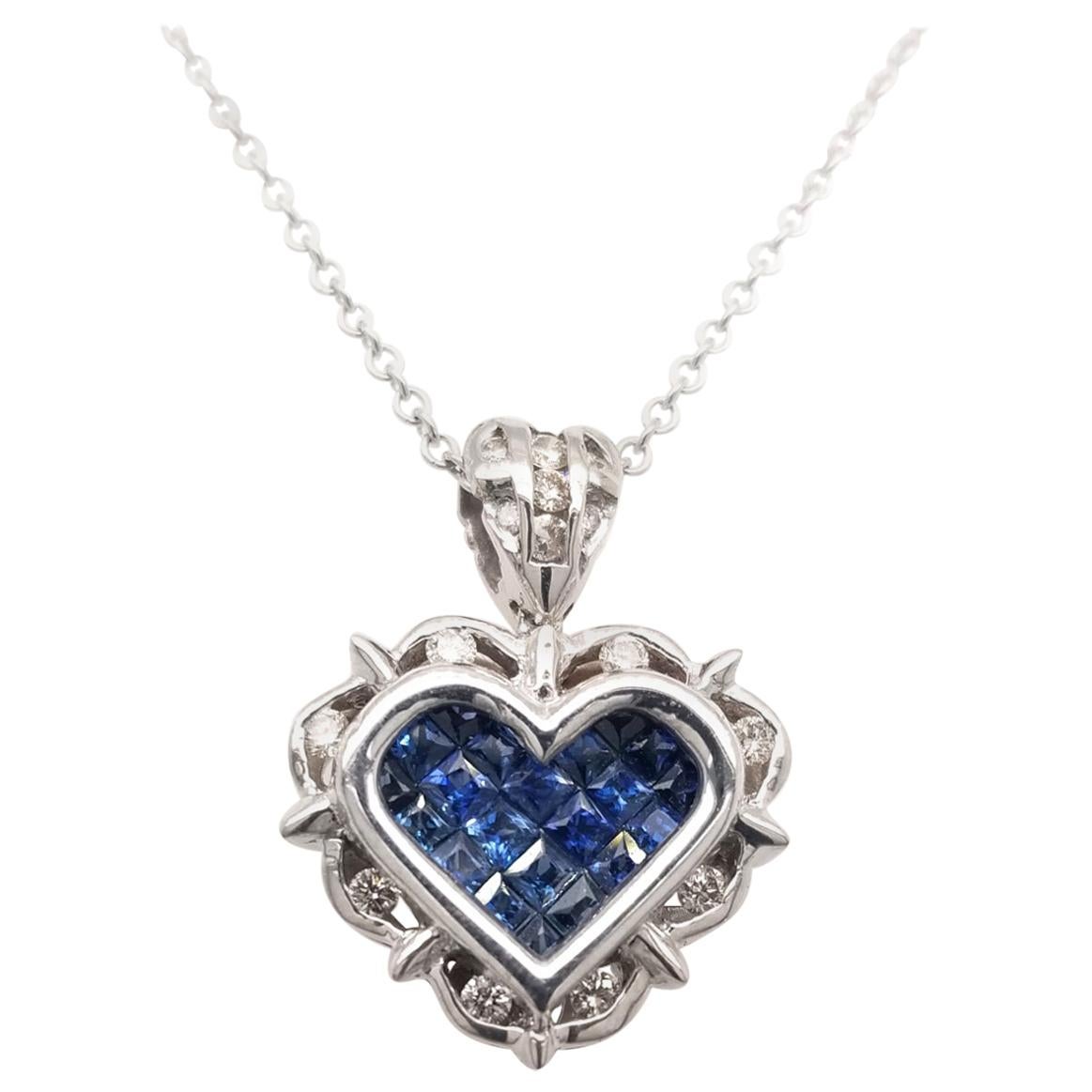 Collier pendentif cœurs en or 18 carats avec diamants de 0,18 carat et saphirs bleus de 0,80 carat