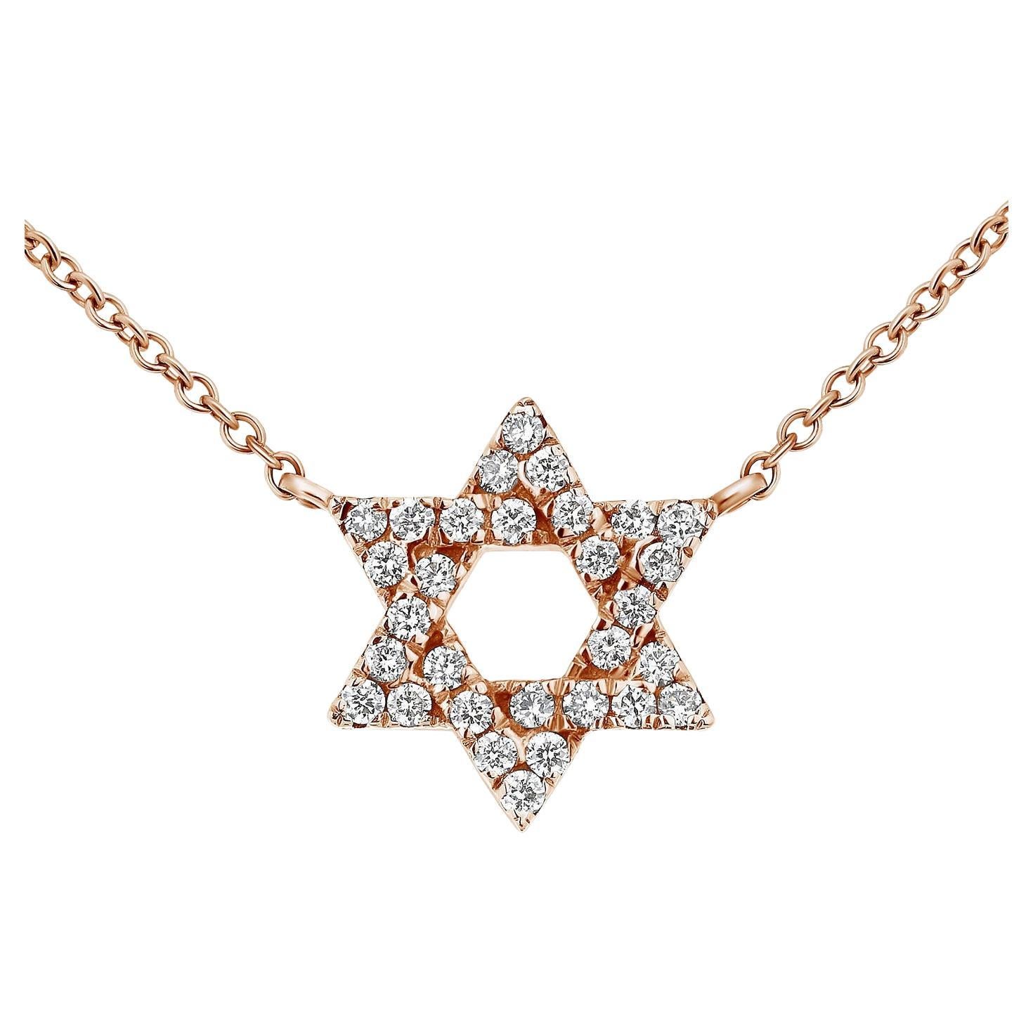 Collier pendentif étoile de David en or rose 14 carats et diamants de 0,18 carat en vente
