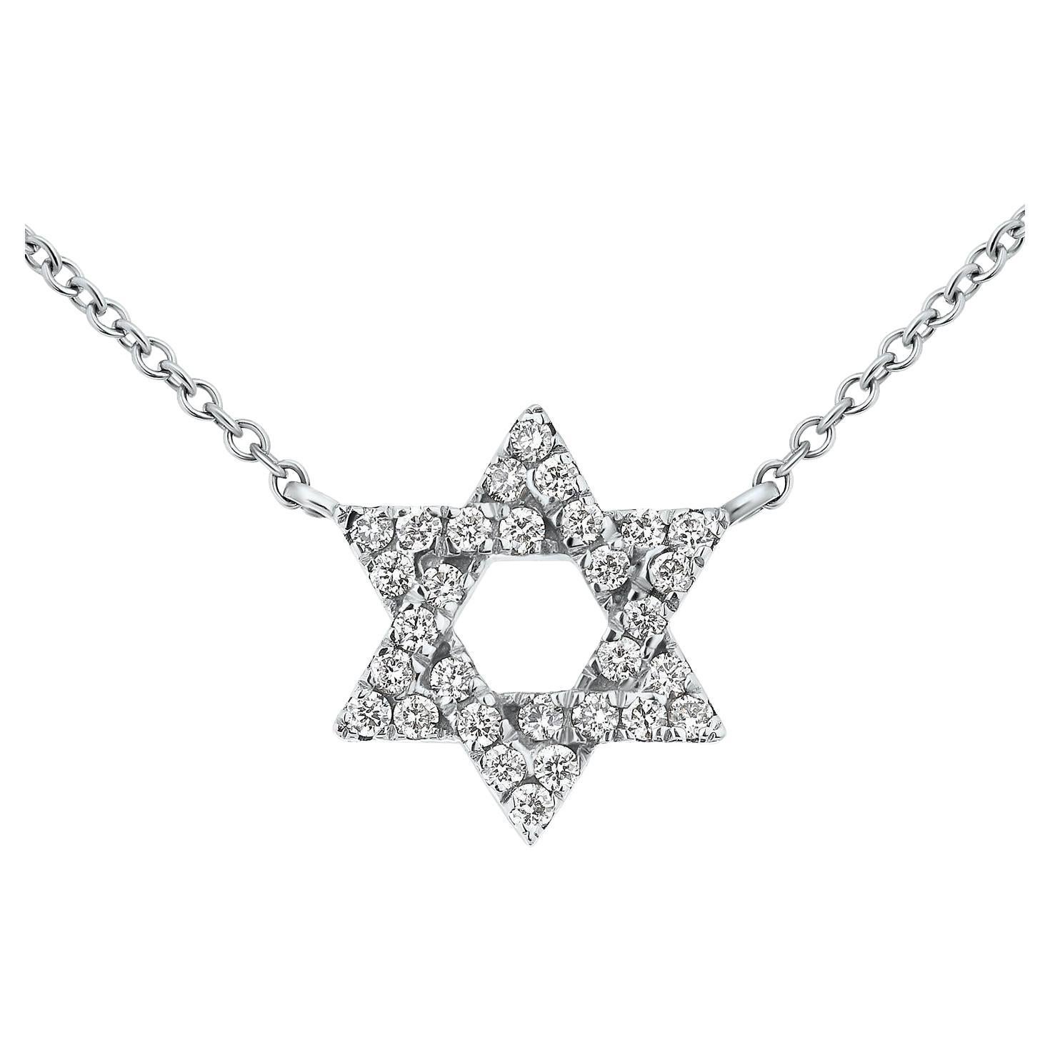 Collier pendentif étoile de David en or blanc 14 carats et diamants de 0,18 carat