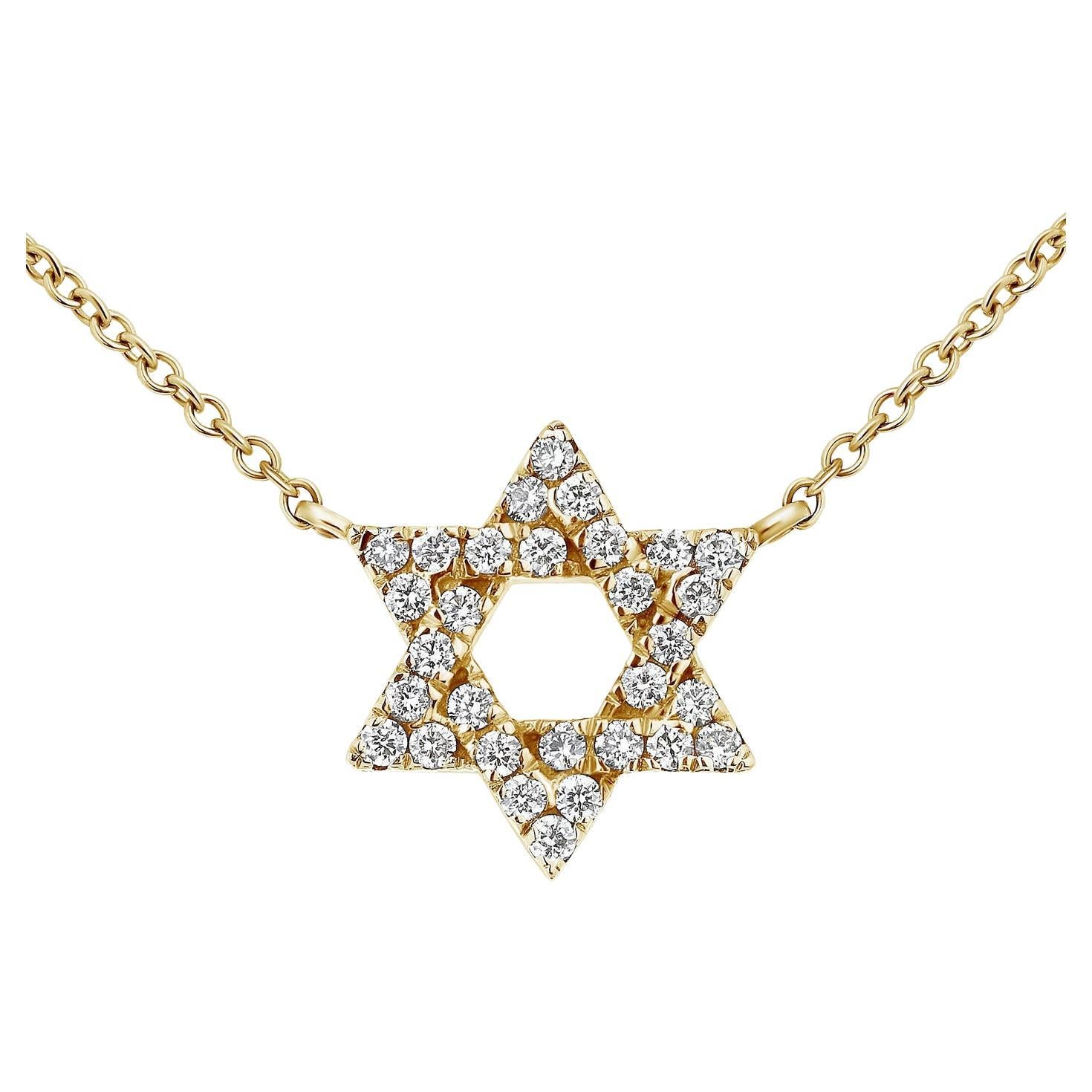 Collier pendentif étoile de David en or jaune 14 carats et diamants de 0,18 carat en vente