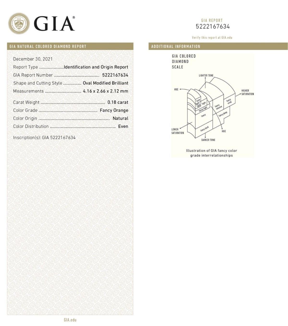 0.18 Carat Fancy Orange Oval cut diamond GIA Certified For Sale 1