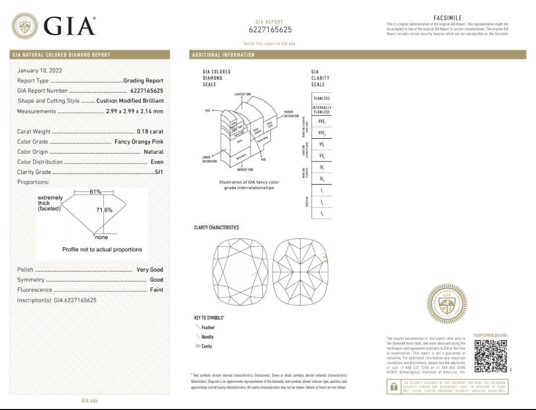 0.18 Carat Fancy Orangy Pink Cushion cut diamond SI1 Clarity GIA Certified For Sale 3