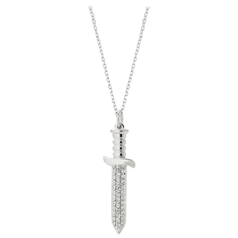 0.18 Carat Natural Diamond Sword Necklace 14 Karat White Gold G SI For Sale