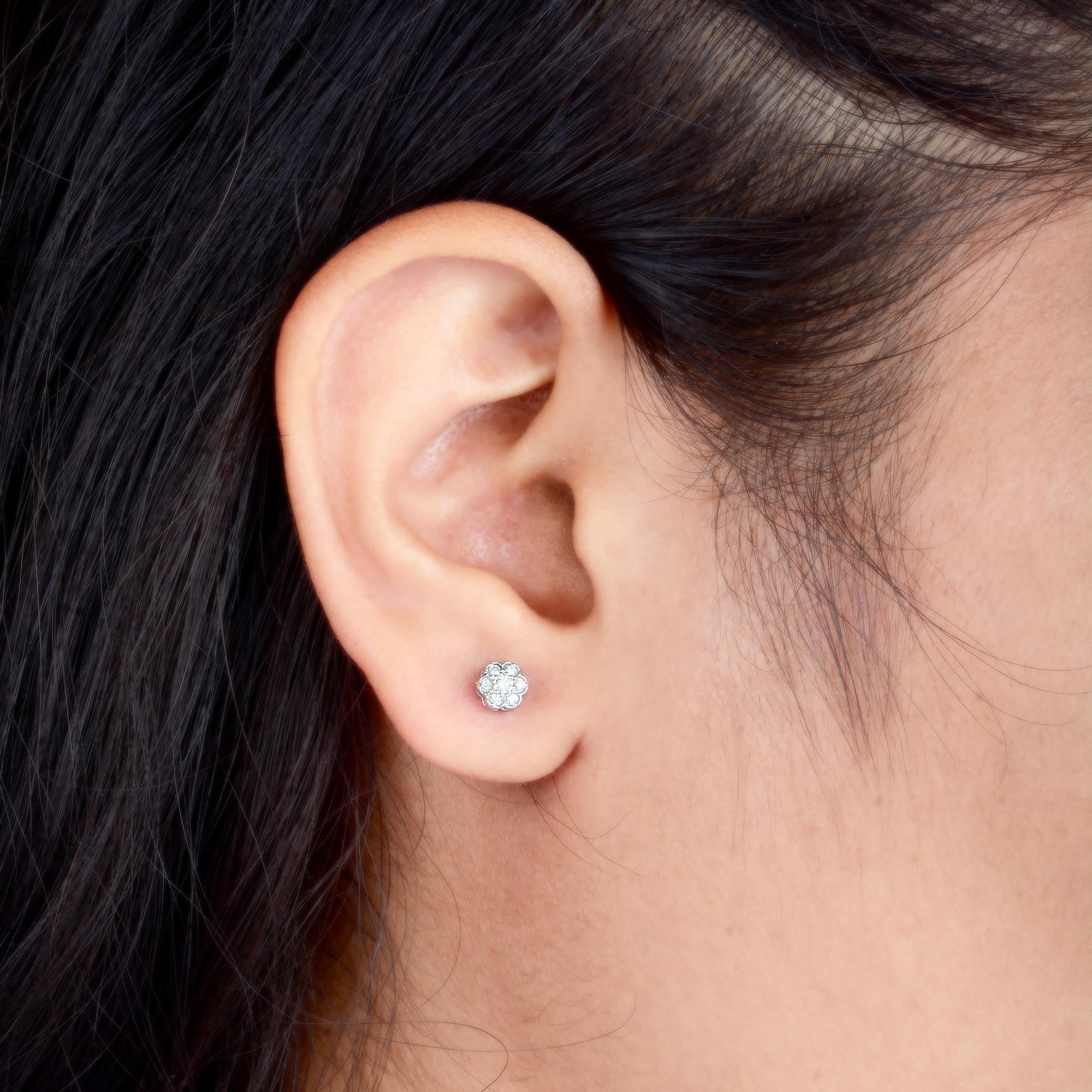 Round Cut 0.18 Carat SI Clarity HI Color Diamond Flower Stud Earrings 10 Karat White Gold For Sale