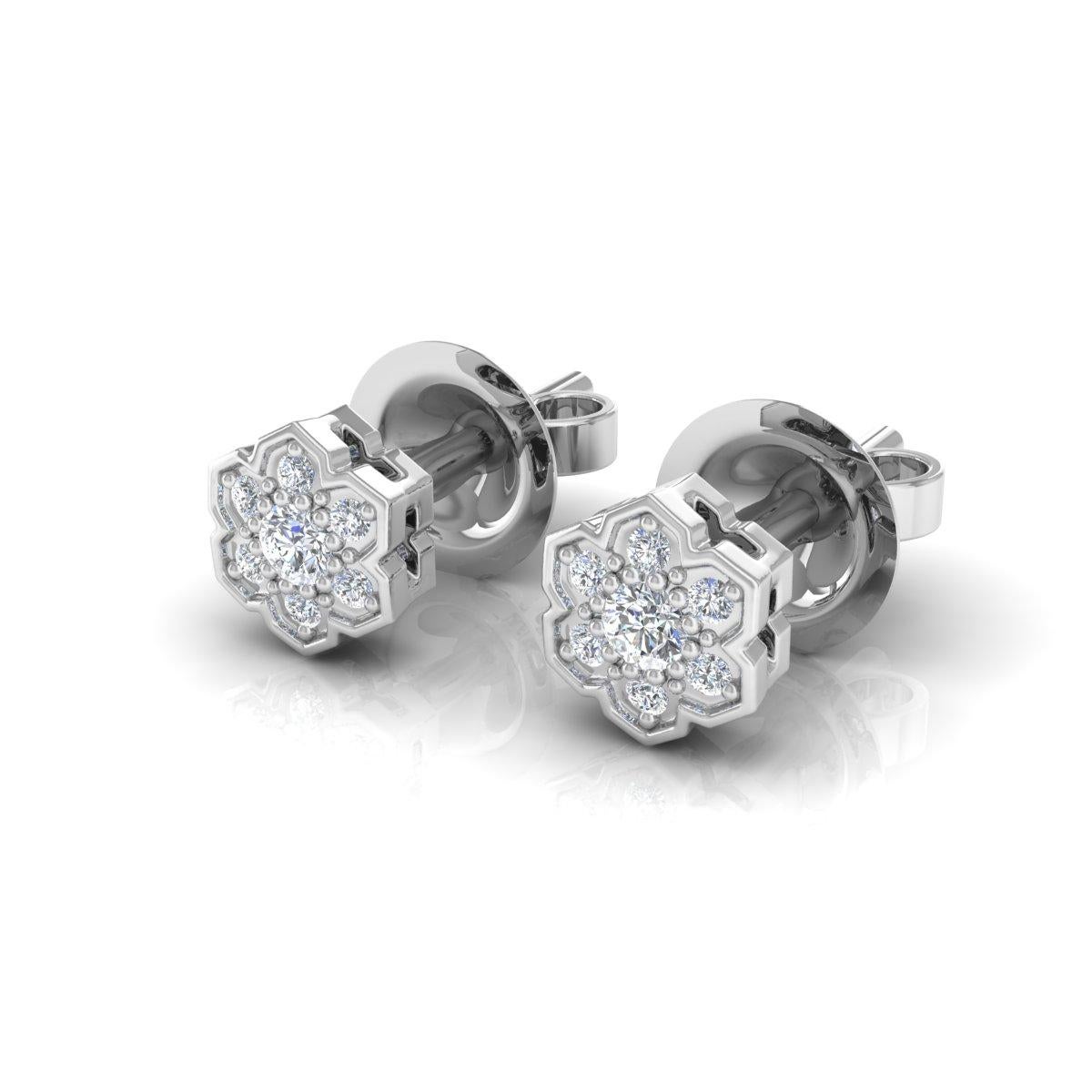 Women's 0.18 Carat SI Clarity HI Color Diamond Flower Stud Earrings 10 Karat White Gold For Sale
