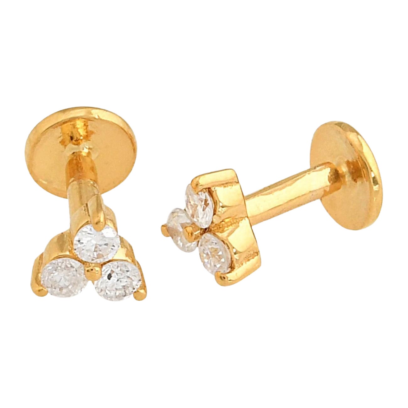 0.18 Carat SI/H Diamond Trio Triangle Flat Back Earrings Yellow Gold Jewelry