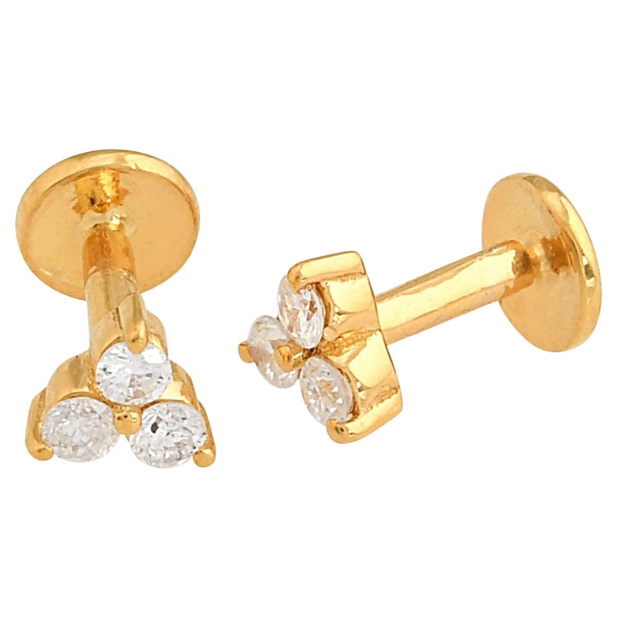 0.18 Carat SI/H Diamond Trio Triangle Flat Back Earrings Yellow Gold Jewelry