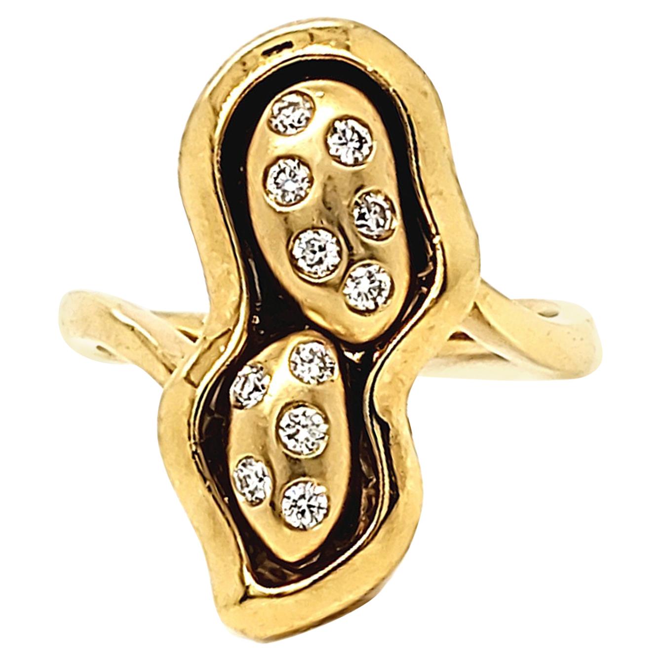 0.18 Carat White Diamond Peanut Design Yellow Gold Fashion Ring