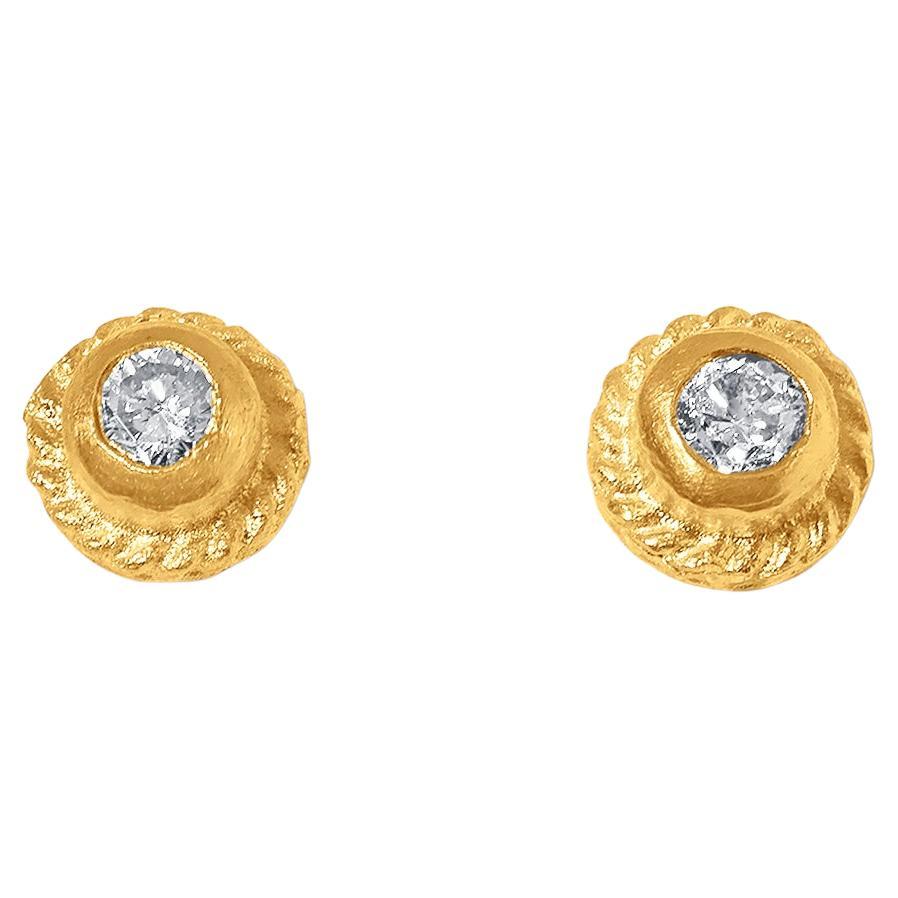0.18 ct Diamond Circle Textured Stud Earrings, 24kt Solid Gold For Sale