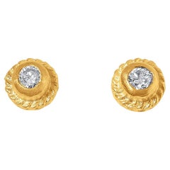 0.18 ct Diamond Circle Textured Stud Earrings, 24kt Solid Gold