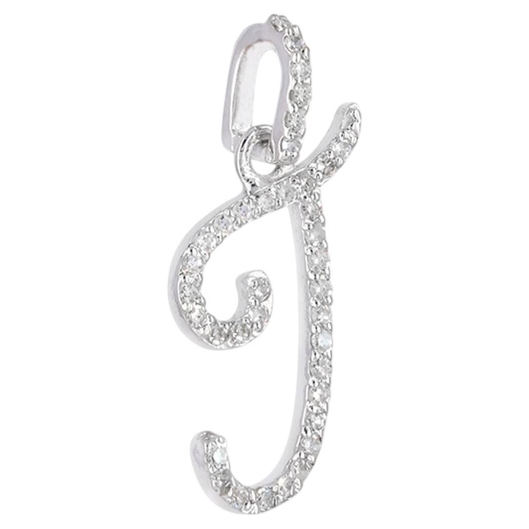 0.18 Ct Diamond Initial J Pendant 14K Solid White Gold Cursive Charm Pendant