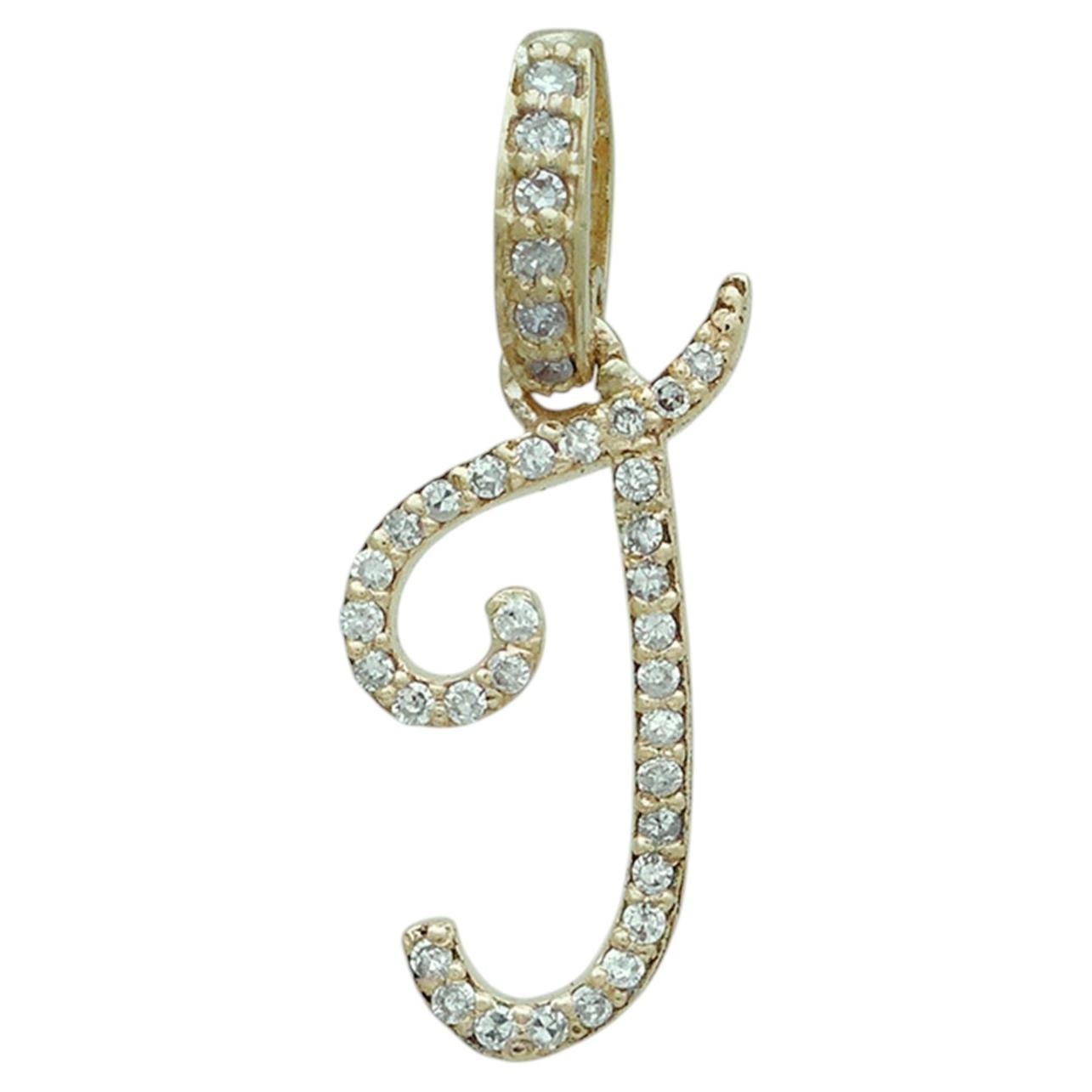 0.18 Ct Diamond Initial J Pendant 14K Solid Yellow Gold Cursive Charm pendant For Sale