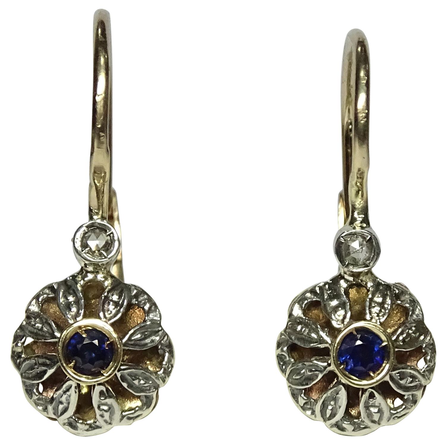 0.18 Sapphire Rose Cut Diamond Yellow Gold Lever-Back Earrings For Sale