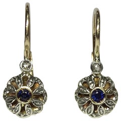 0.18 Sapphire Rose Cut Diamond Yellow Gold Lever-Back Earrings