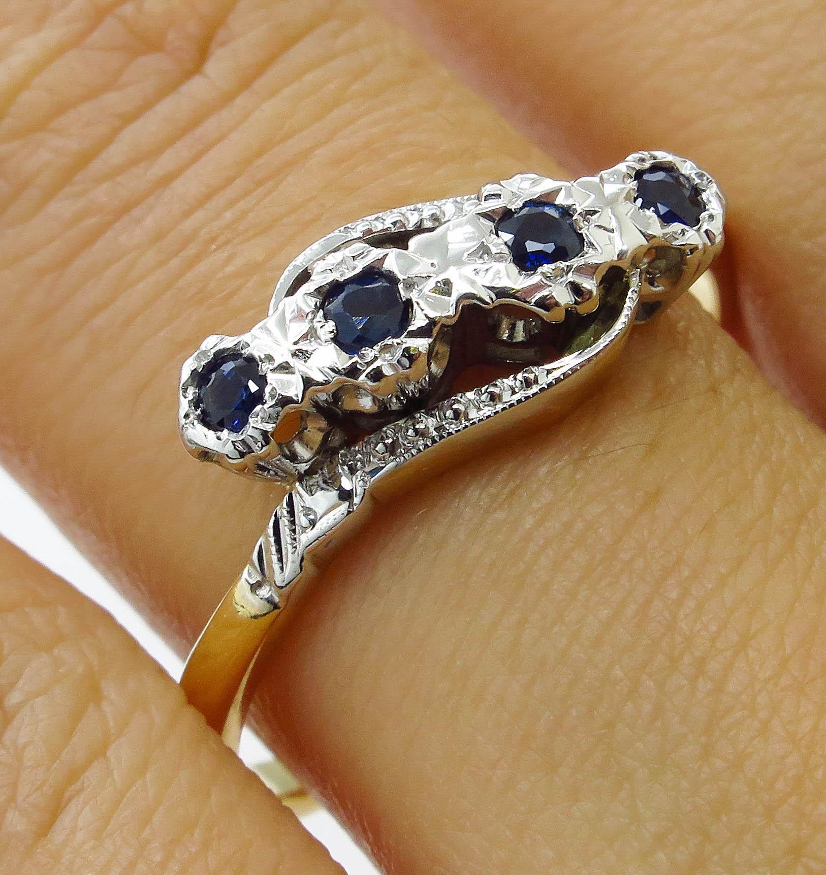 0.18ct Antique Vintage Blue Sapphire Four Stone Engagement Wedding 18k Two Tone  7