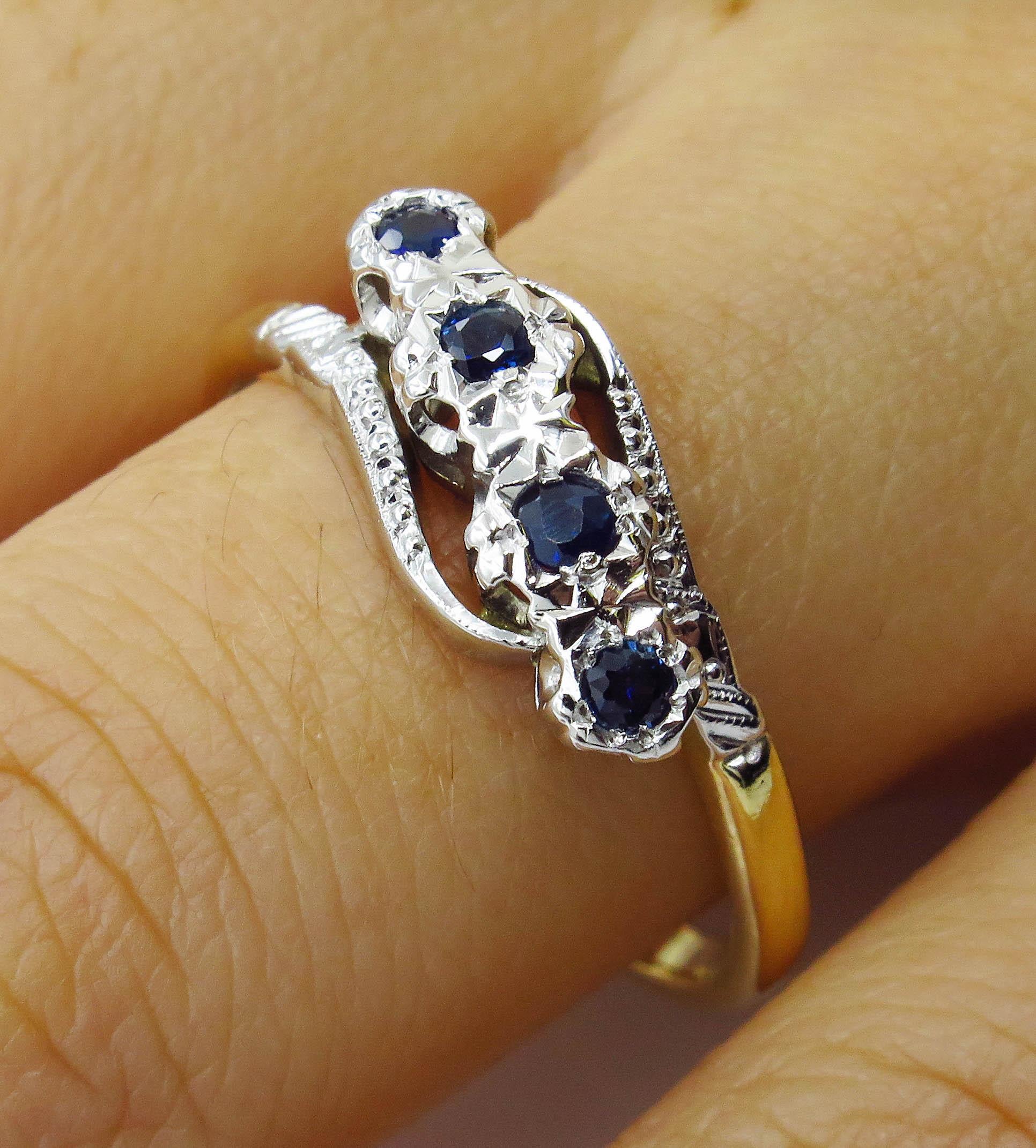 0.18ct Antique Vintage Blue Sapphire Four Stone Engagement Wedding 18k Two Tone  8