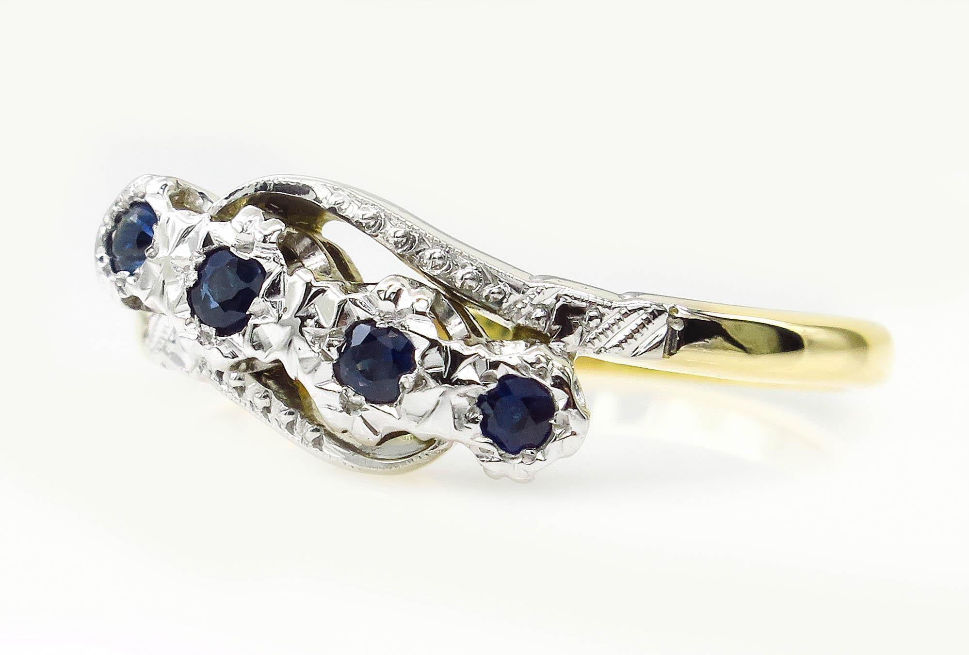 0.18ct Antique Vintage Blue Sapphire Four Stone Engagement Wedding 18k Two Tone  3