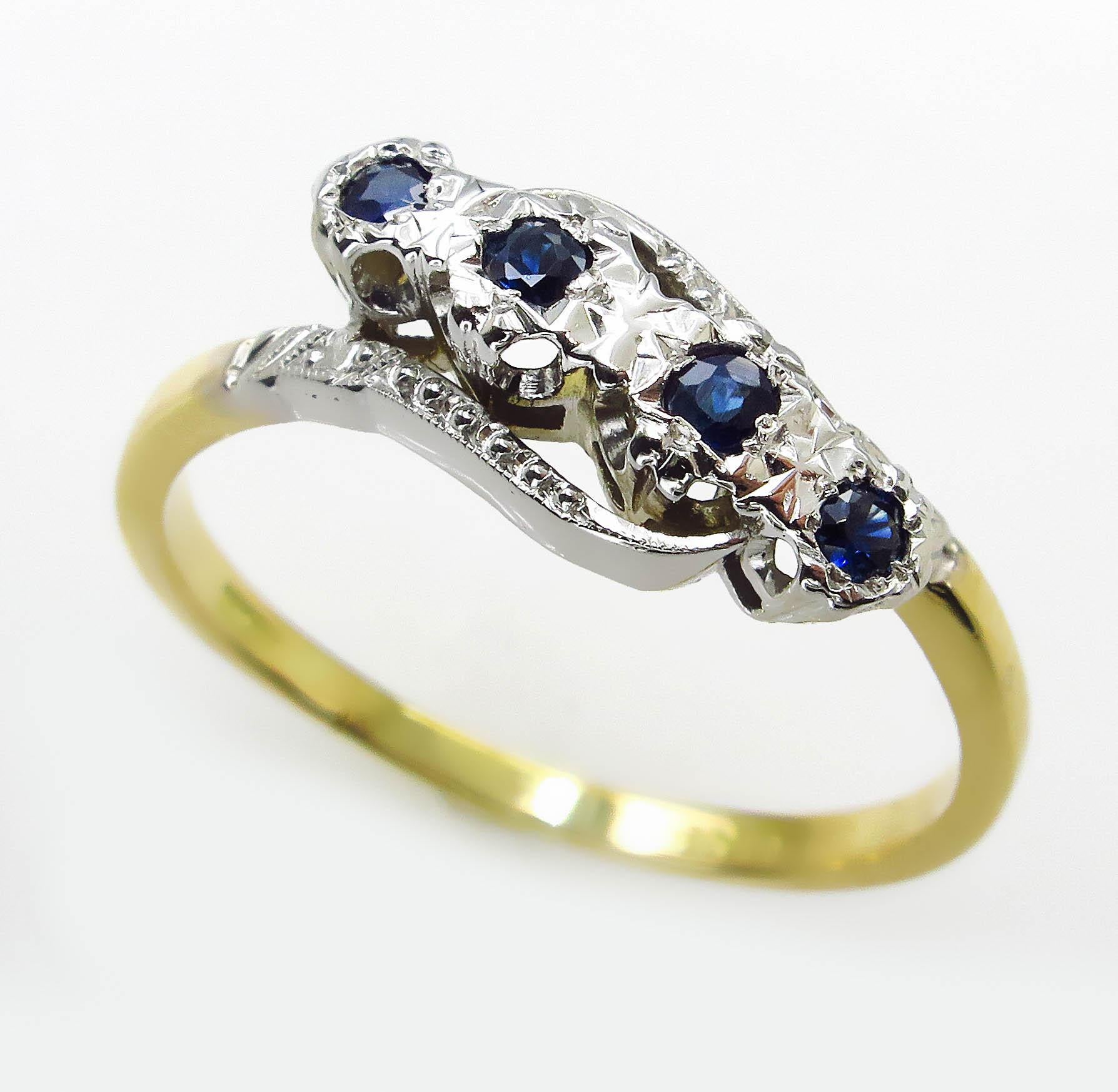 0.18ct Antique Vintage Blue Sapphire Four Stone Engagement Wedding 18k Two Tone  In Good Condition In New York, NY
