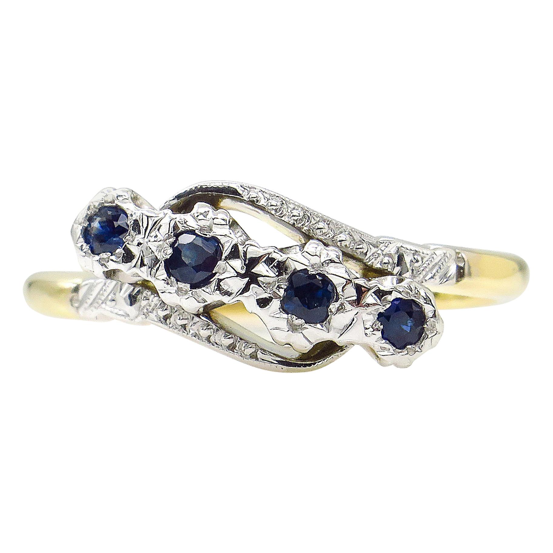 0.18ct Antique Vintage Blue Sapphire Four Stone Engagement Wedding 18k Two Tone 