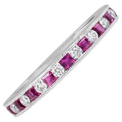 0.18ct Diamond & 0.42ct  Natural Ruby Band Ring, 14k White Gold